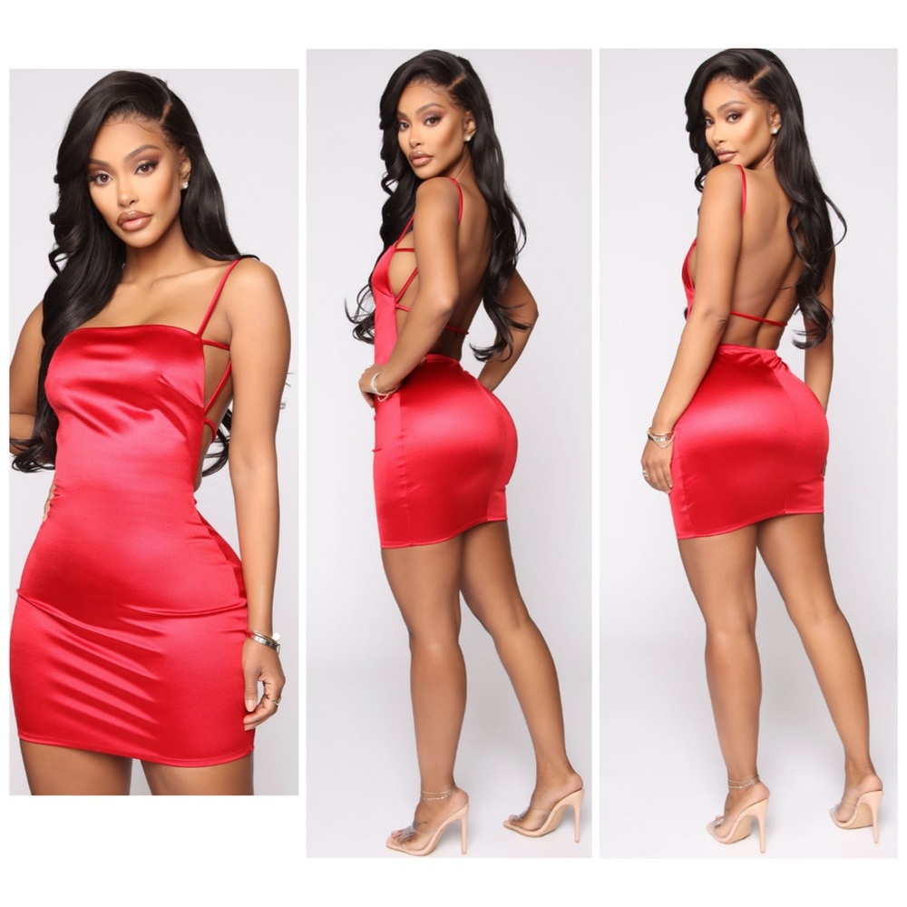 Red Faux Satin Strappy Mini Dress